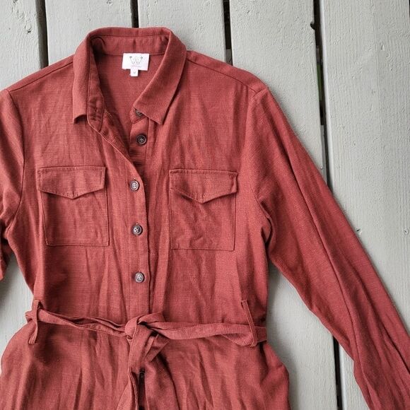 Six Crisp Days Rust 3/4 Sleeve Button Down Belted Linen Blend Doma Jumpsuit Sz M - Picture 5 of 10